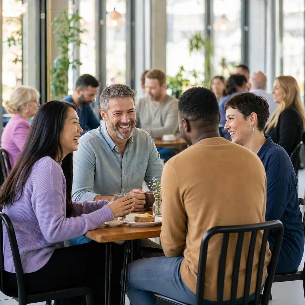 People meeting at an outdoor café table in central Canterbury