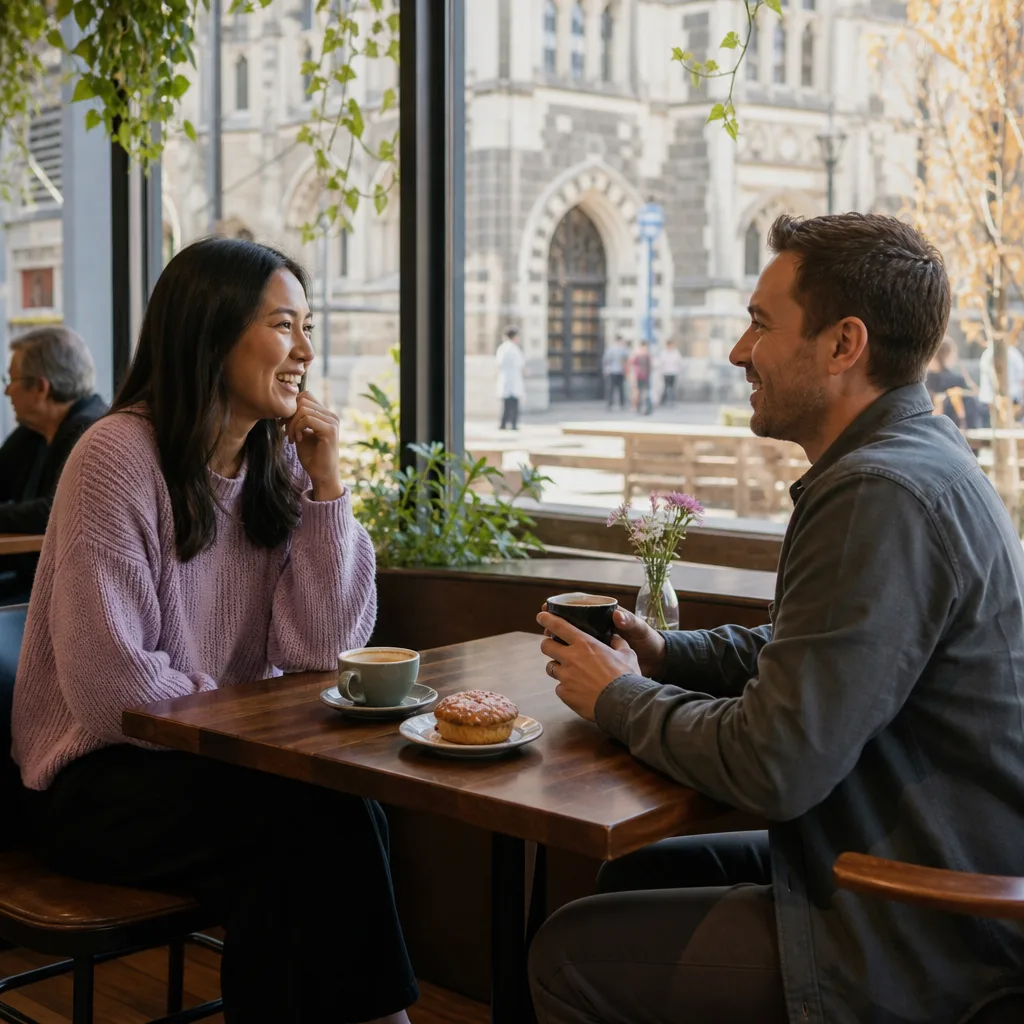 Coffee and cake on a café table during a daytime date in Canterbury